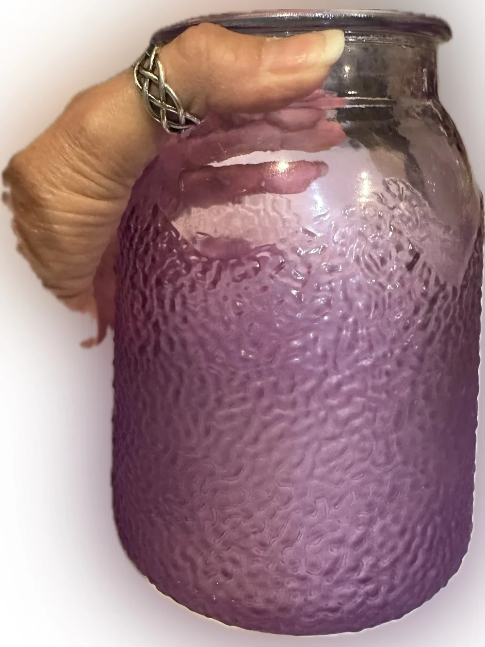 PURPLE PINK TEXTURED GLASS VASE JUG CONTAINER STORAGE FLOWERS WEDDING DECOR 7”x5